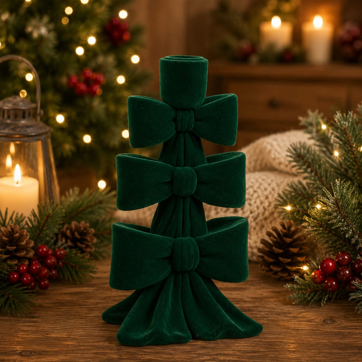 Festive Feeling Alpine Woods Flocked Bow Christmas Candle Holder, product image 2