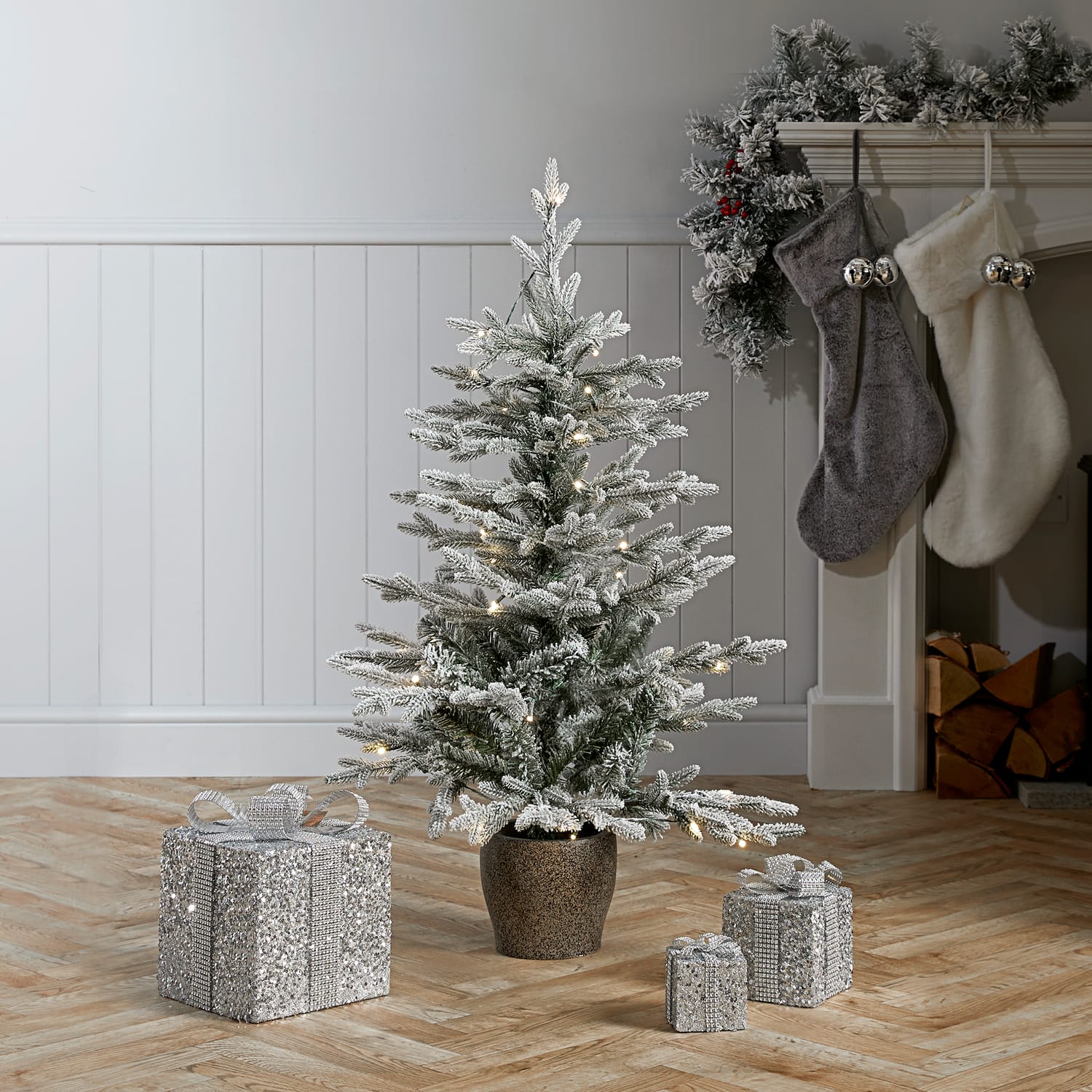 Festive Feeling Pre-Lit Flocked Potted Tree